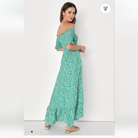 Lulus Fleur-tation Green floral print off-the-shoulder midi dress - Picture 3 of 6